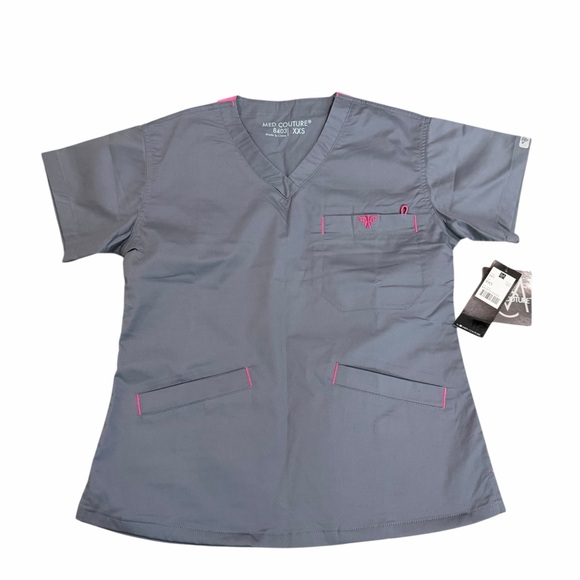 NWT Med Couture Scrub Set | Grey/Pink | 3 Pocket Top (XXS) & Scrub Pants (XSP) - Picture 2 of 12